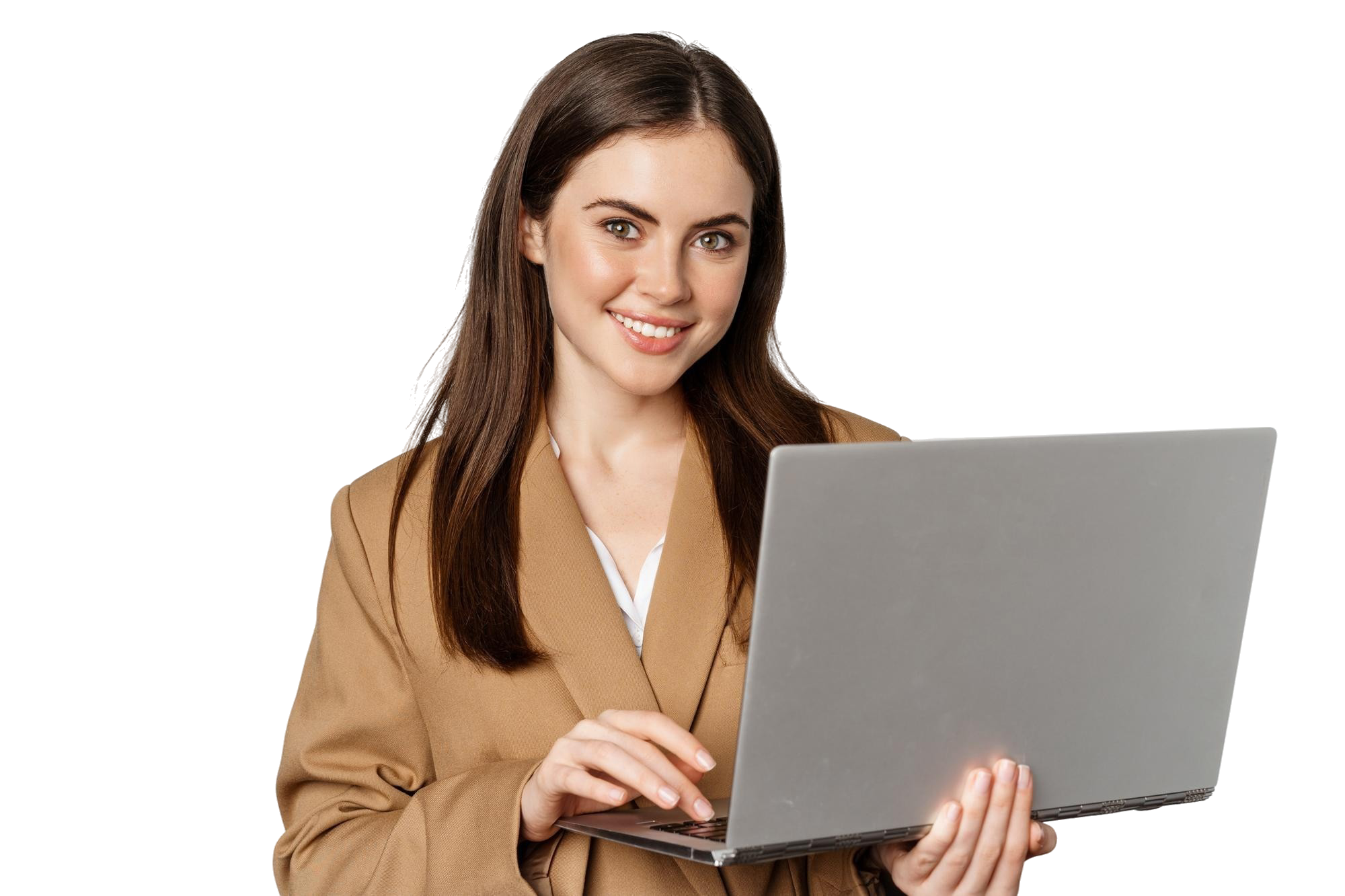 portrait-corporate-woman-working-with-laptop-smiling-looking-assertive-white-background